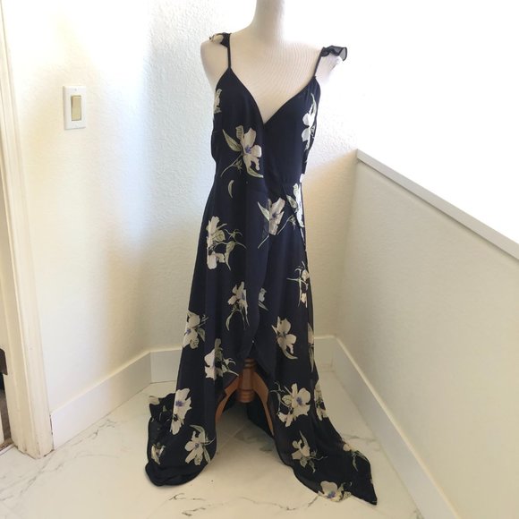 Lulus All Mine Navy Blue Floral Print High-Low Wrap Dress size M bridesmaid - Picture 10 of 13